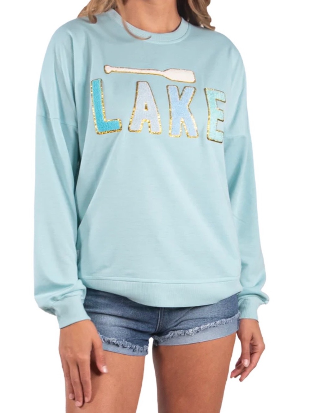 Simply Southern Sparkle Letter Graphic LAKE Long Sleeve Crewneck Pullover Small